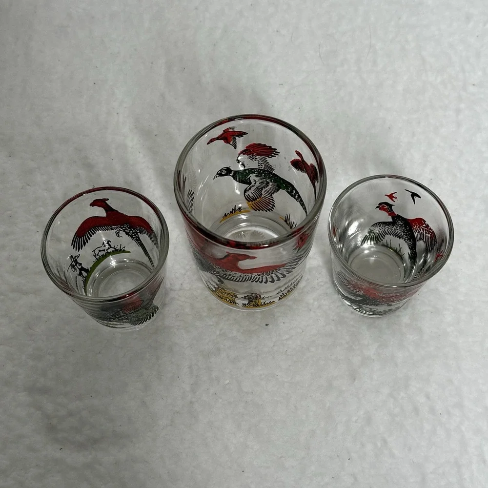 Vtg Hazel Atlas Pheasant Drinking 6 Glasses Tumblers  Shot Tumbler Red Gold 5